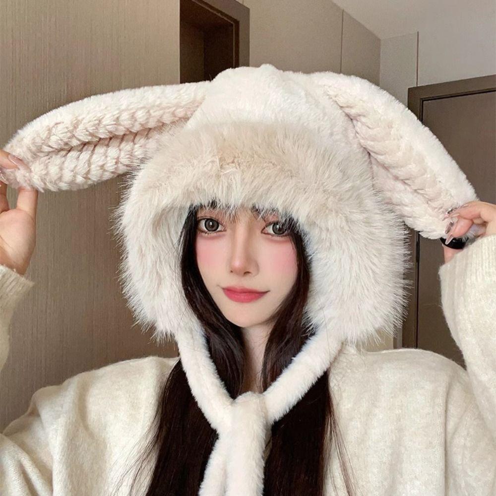 Cute Big Rabbit Ears Hat Warm Bucket Hat New Plush Ear Protection Hat Women