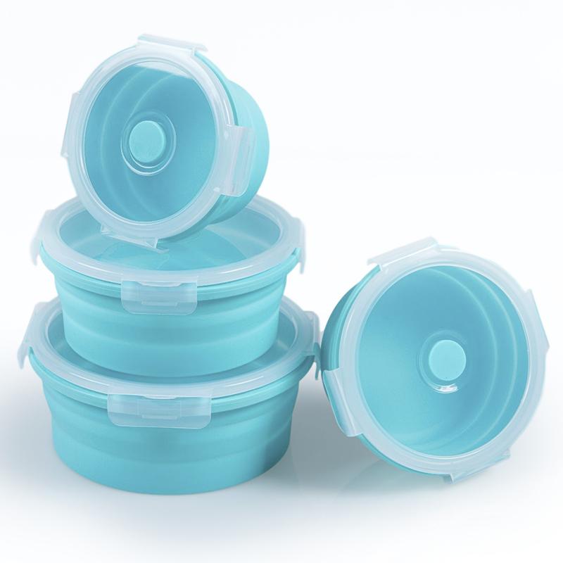 BPA Free Collapsible Silicone Folding Lunch Box with Plastic Lid for Food Storage in Kitchen