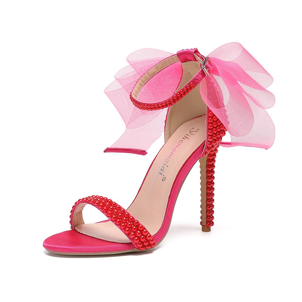 2024 New Summer High Heel Sandals Luxury Shallow Mouth Water Diamond Pearl Women's Casual Single Shoes Wedding Bride Shoes