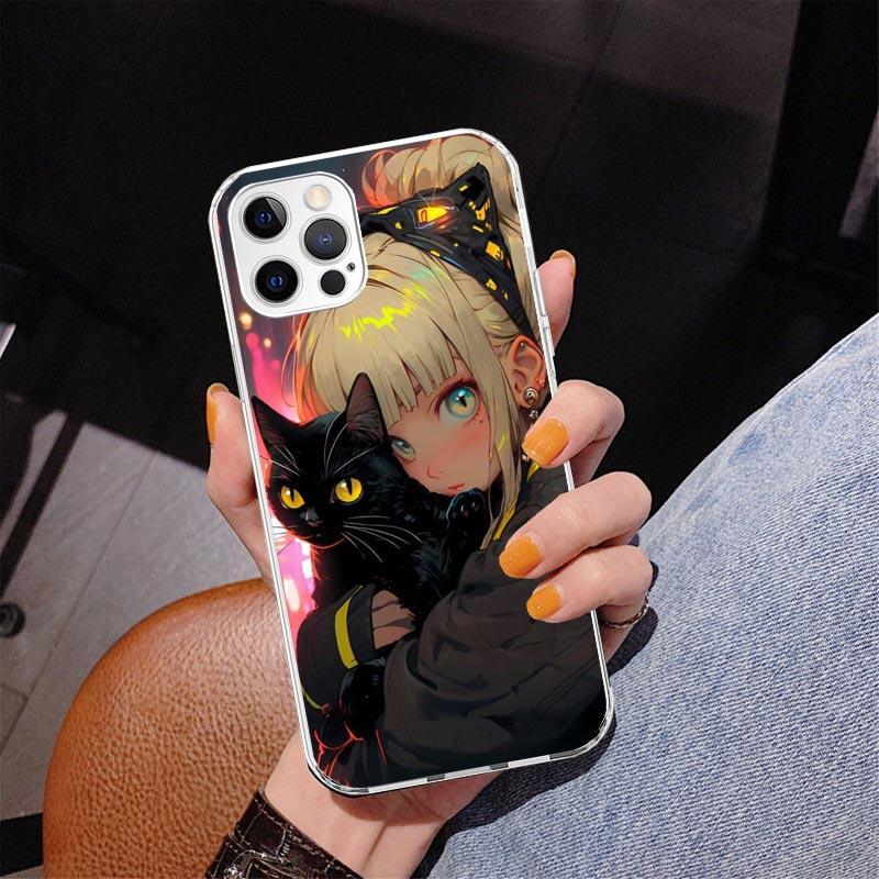 Милый черный кот Аниме Девушки Чехол для телефона Для iPhone 17 Air 16 Pro Max 16E 15 + 14 Plus 11 12 13 Mini 7 8 SE Подарок Печатная Крышка Fundas