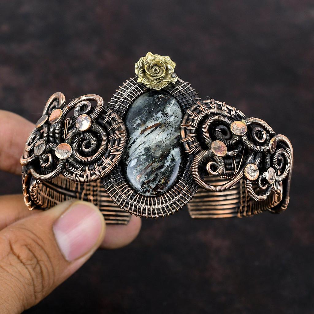 Браслет с астрофиллитом, медная проволока, браслет с драгоценными камнями, регулируемый браслет-манжета, браслет с цветами, медный ювелирный браслет, подарок для него, браслет ручной работы