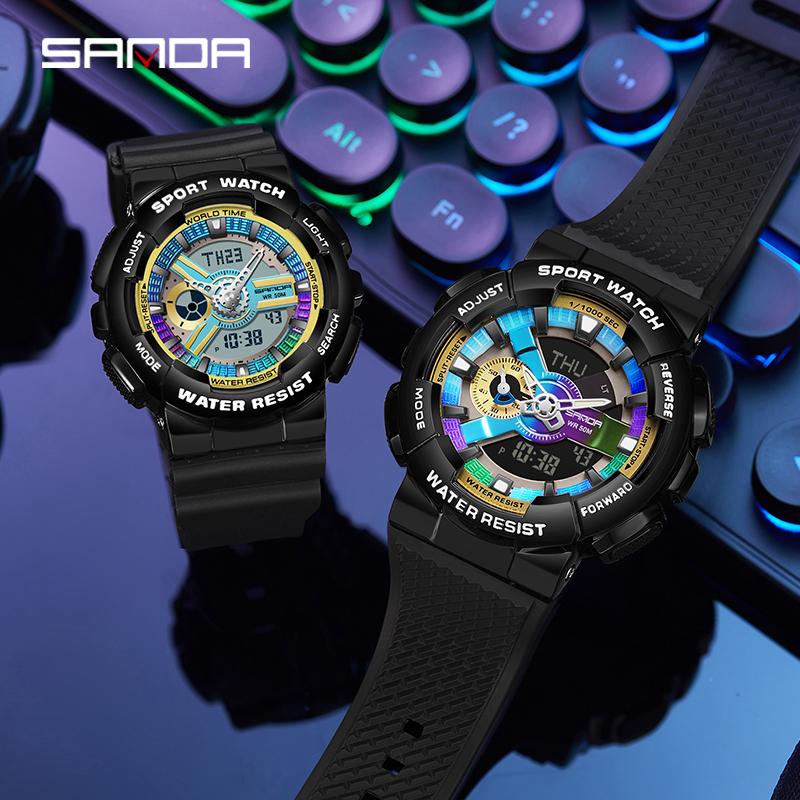 Модные Спортивные Часы Sanda Top Brand Luxury для Пары, 2 времени, Светодиод, Будильник, Календарь, Водонепроницаемые, Электронные, Мужские, Импортный Механизм, Reloj