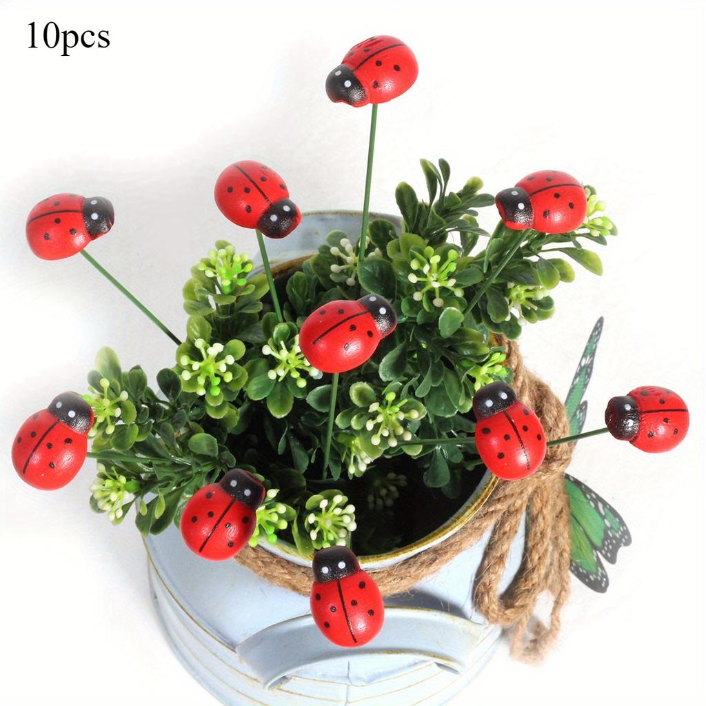 10pcs Wooden Ladybug Garden Stakes, Red, Contemporary Style, No Battery Needed, Ideal for Easter & Festive Home & Office Decor