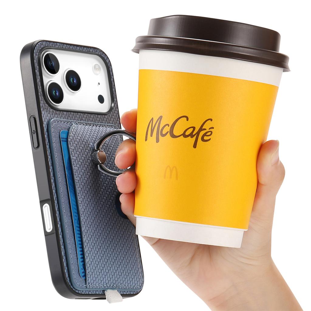 For iPhone 17 Pro Case Ring Kickstand Leather Back Cover with Magnetic Detachable Card Holder