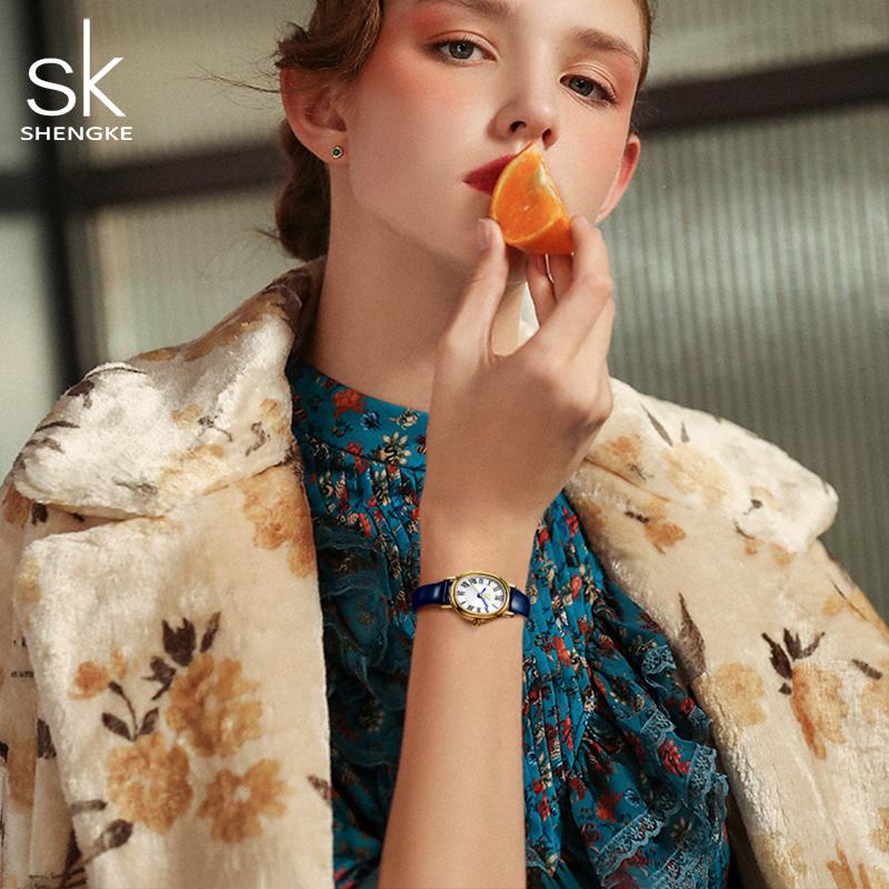 SHENGKE SK Элегантные женские кварцевые наручные часы, оригинальный дизайн, кожаный ремешок, женские часы, топ, роскошные женские часы Montre Femme