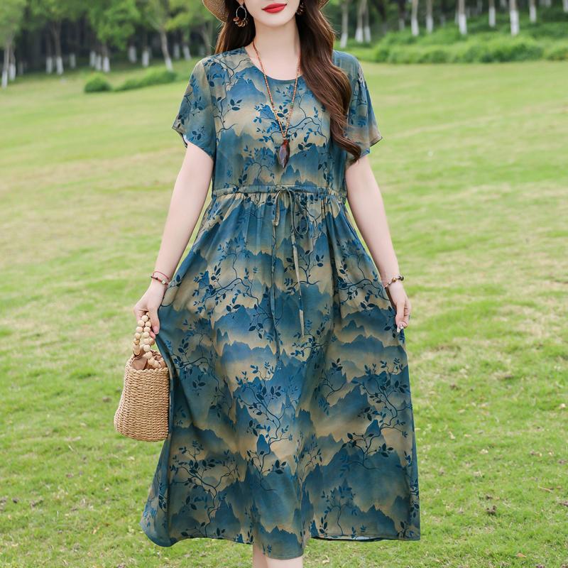 Женское длинное платье больших размеров, летнее платье с коротким рукавом и винтажным принтом для женщин