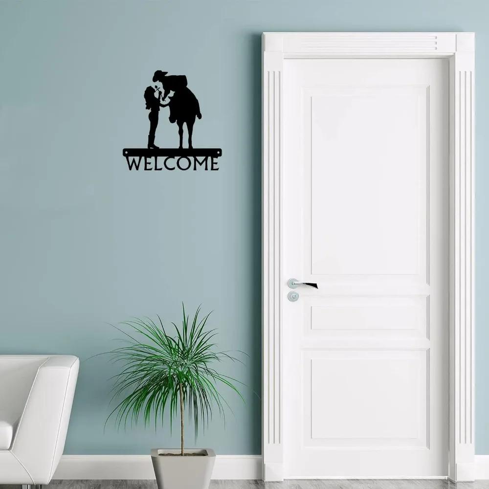 1pc Iron Art Romantic Couple - Cowboy & Cowgirl - Welcome Sign 12 Inch for Living Room New Wall Decoration Hooks Wall Sticker
