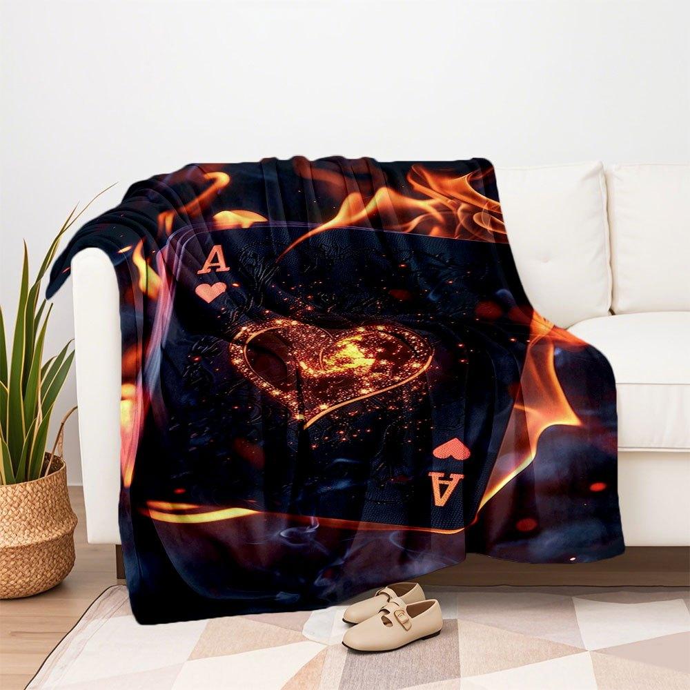 Flaming Heart Ace Playing Cards - Limited Edition Poker DeckBlanket Flannel Throw Blanket for Sofa, Bed, Travel, Camping, Office