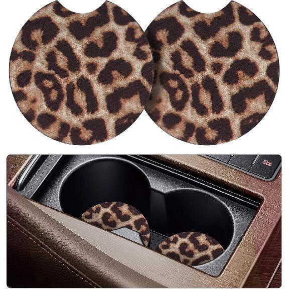 tifanso Car Cup Drink Holder Coaster, 2 Pack Car Coasters for Cup Holders, Cute Vehicle Accessories for Women and Girl (Leopard)