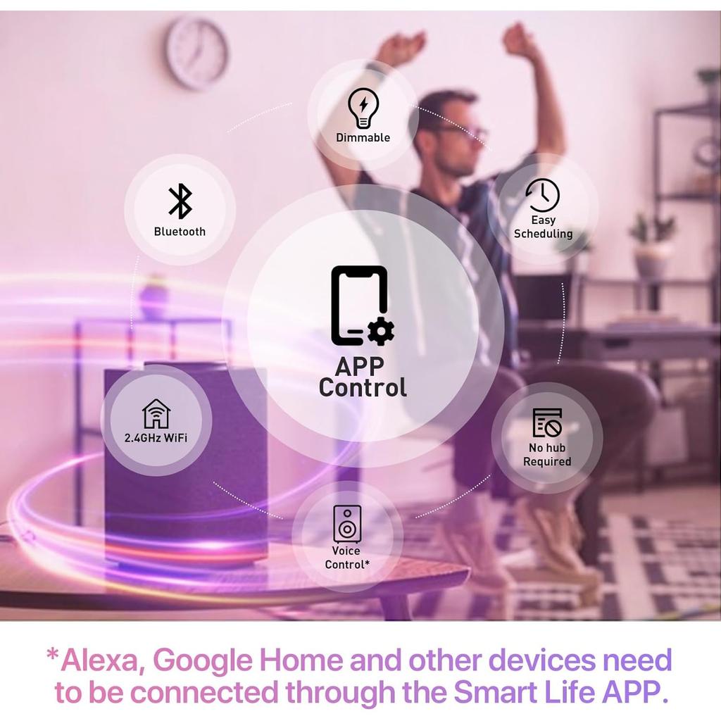 Умная лампочка, совместимая с Alexa и Google Home, светодиодная лампочка A60, эквивалент 10 Вт, 2,4 ГГц WiFi и Bluetooth, приложение для изменения цвета с регулировкой яркости