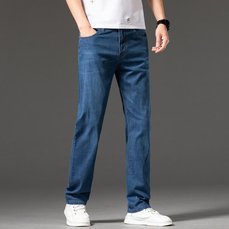 Модные мужские джинсы большого размера, летние тонкие эластичные голубые прямые свободные повседневные длинные брюки