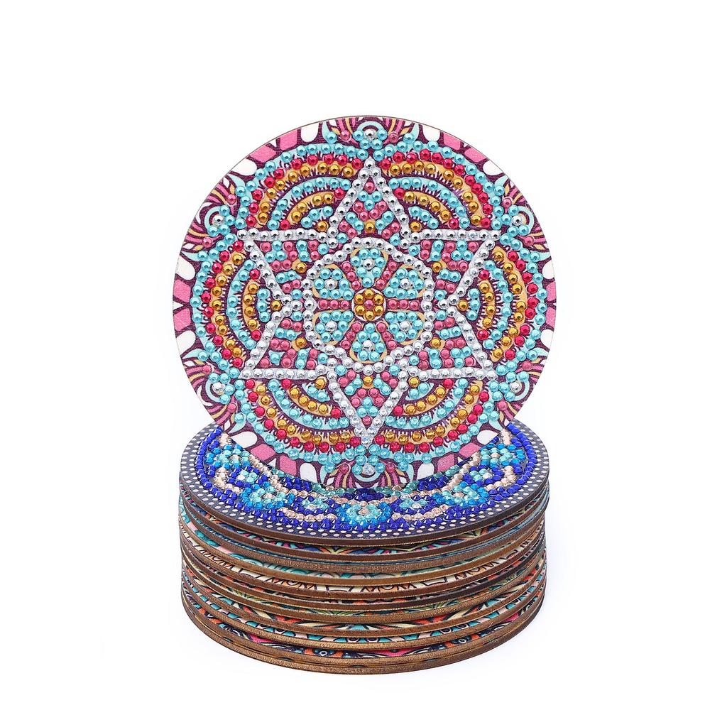 12 Pieces of Round Mandala Pattern Artificial Diamond Painted Wooden Wooden Table Art Coaster with Bracket