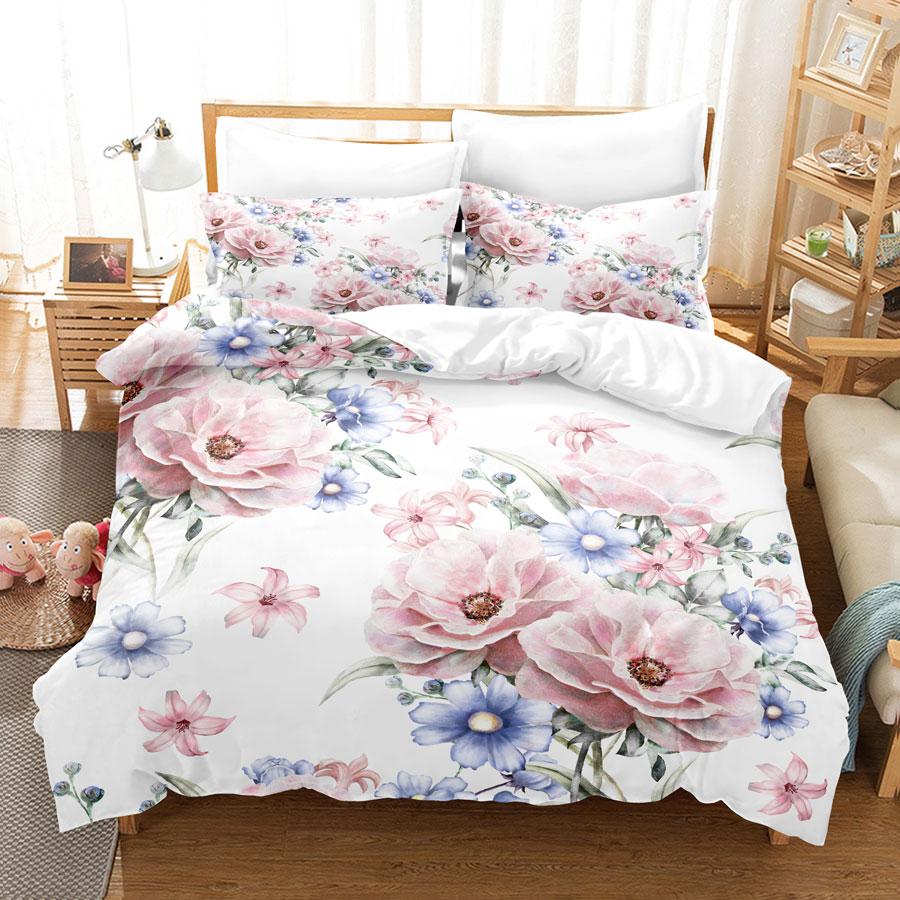 Pink Flower Duvet Cover and Pillowcases Set King Size 220x240 Double Bed Single 3D Queen Bedding Sets Pink Full Twin Quilt Linen