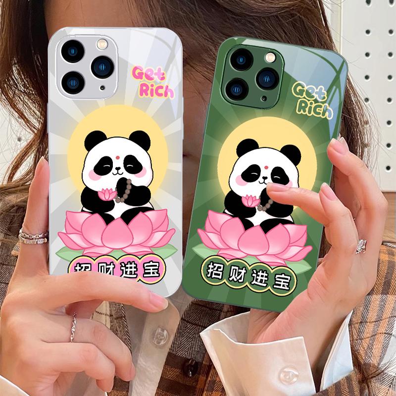 Чехол для телефона из закаленного стекла Сидящая панда лотос для iPhone 16 Pro Max 15 Pro 14 13 12 Mini 11 XS Max XR 7 8 Plus SE 2022