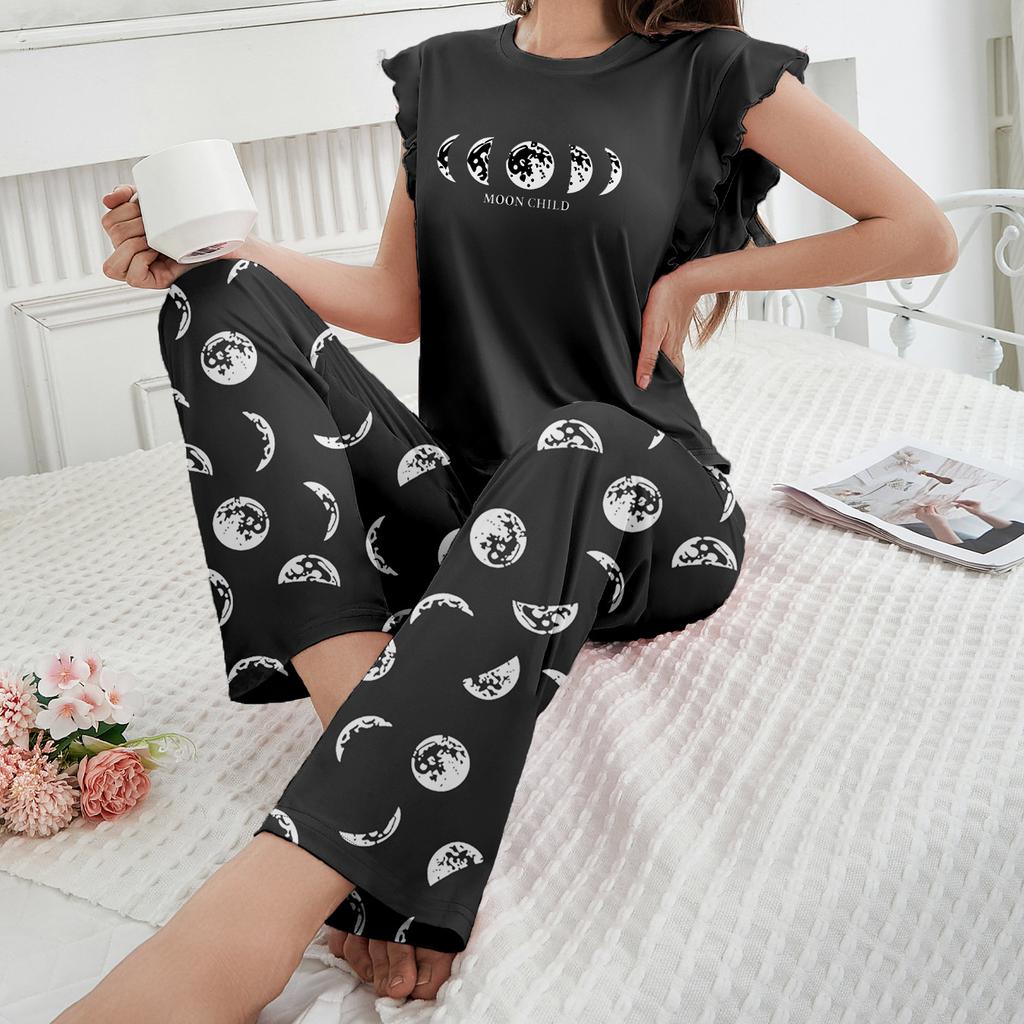 Летняя пижама женская с графическим принтом, комплект пижамы, топы с коротким рукавом и круглым вырезом, брюки с эластичным поясом, женская черная одежда для сна, домашняя одежда, пижама