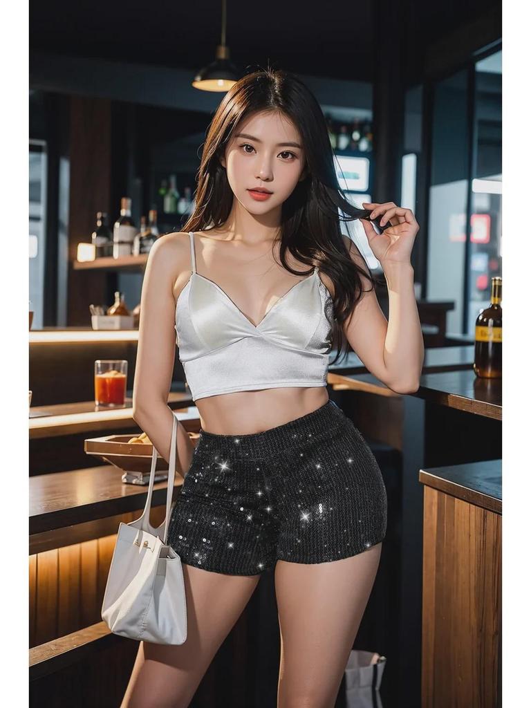 Новые женские шорты с высокой талией, расшитые пайетками — европейский и американский стиль с высокой эластичностью для стильного повседневного образа и выступлений в баре