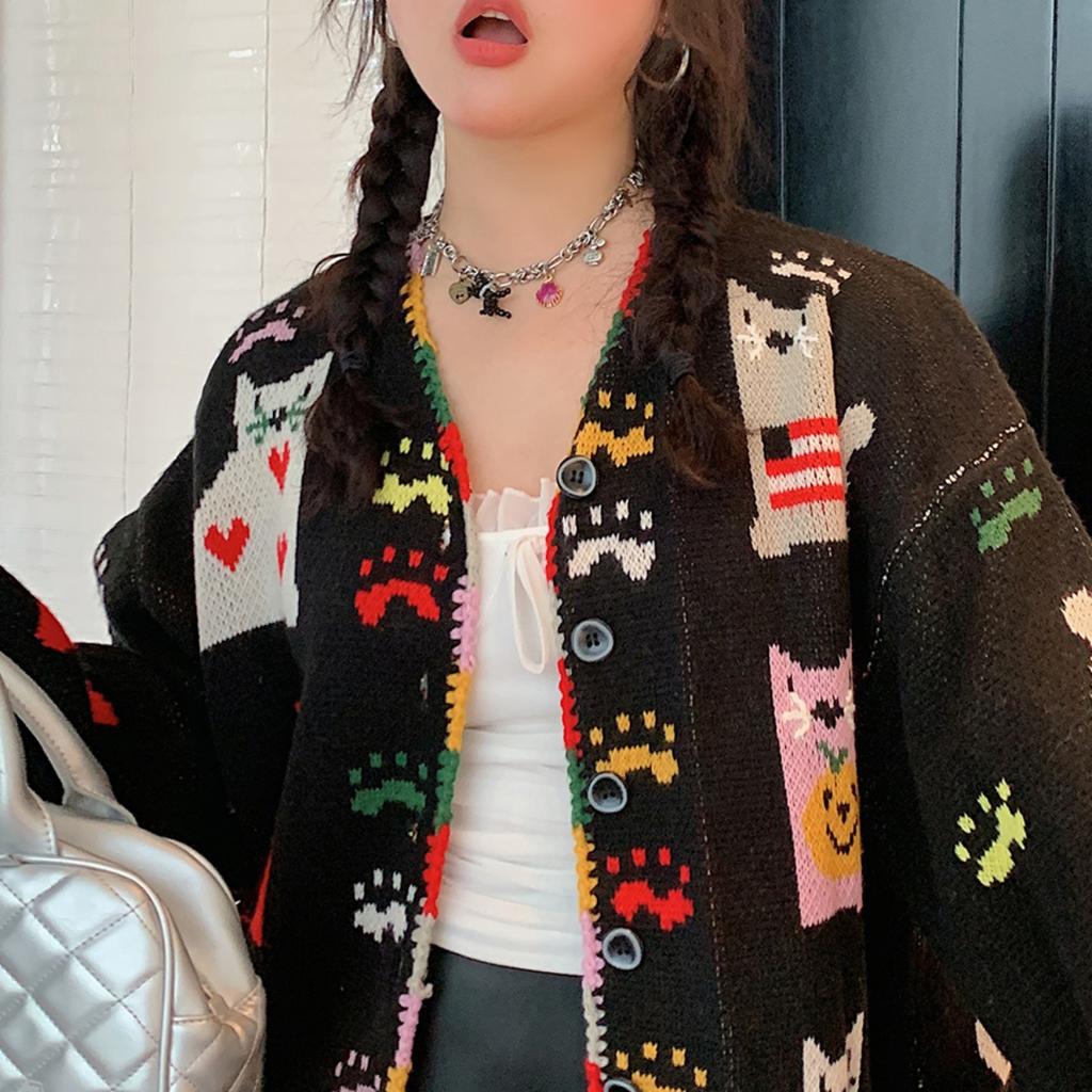 DIMANAF 2025 Цветочные свитера Кардиган Осень Женские с принтом С круглым вырезом Свитера Вязаные Свободные Черный свитер