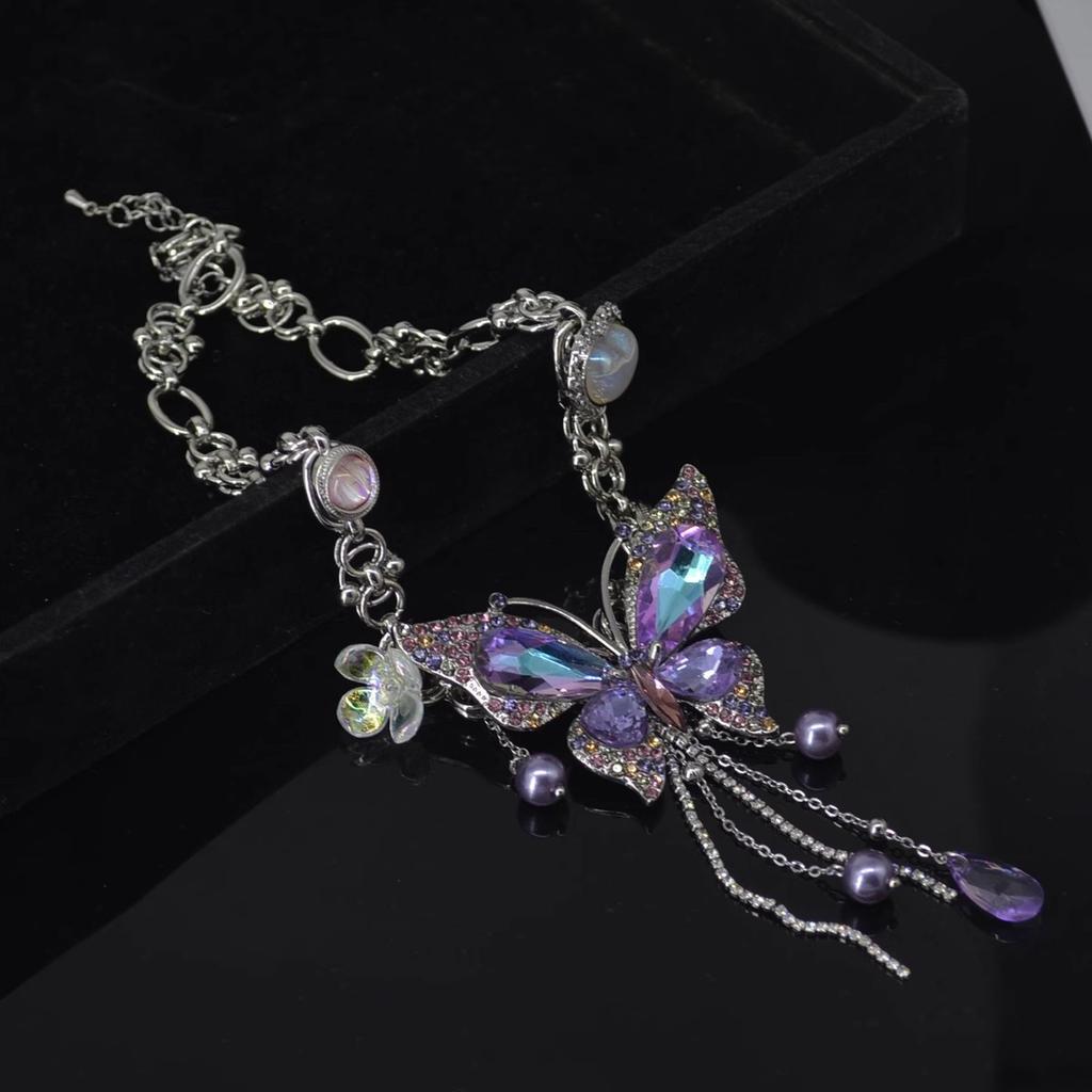 Purple Diamond Butterfly Fringed Necklace