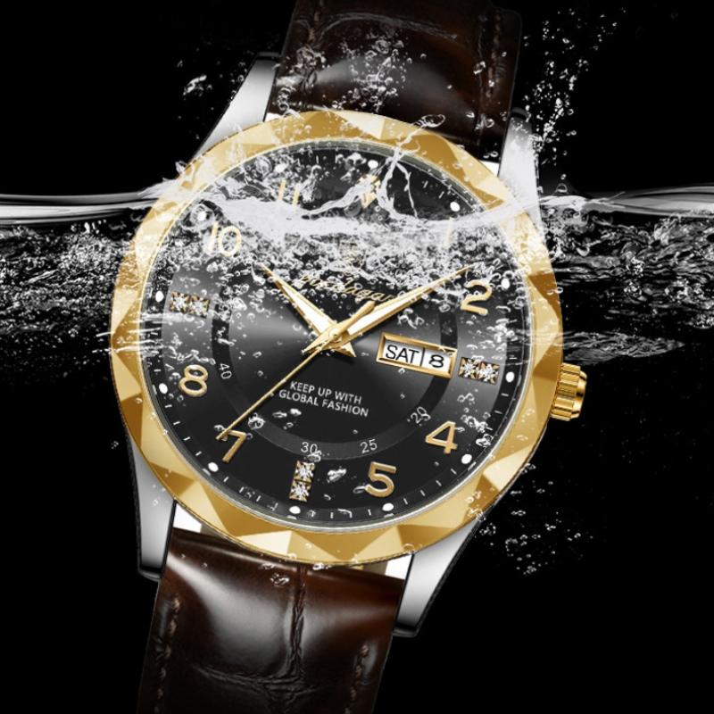 2024 Новый тренд, модные роскошные мужские часы, светящиеся водонепроницаемые часы с двойным календарем, ультратонкие кожаные мужские часы с автоматическим механизмом, украшенные бриллиантами