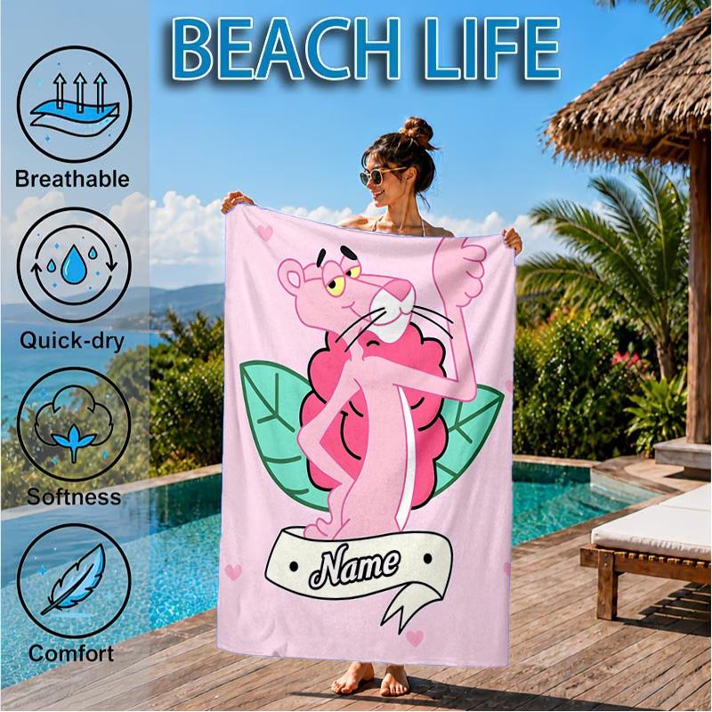 Custom Name Pink-Panther Heart In Space Adventure Microfiber Beach Towel, Lightweight for Summer Travel, Swimming Pool Fan Gift