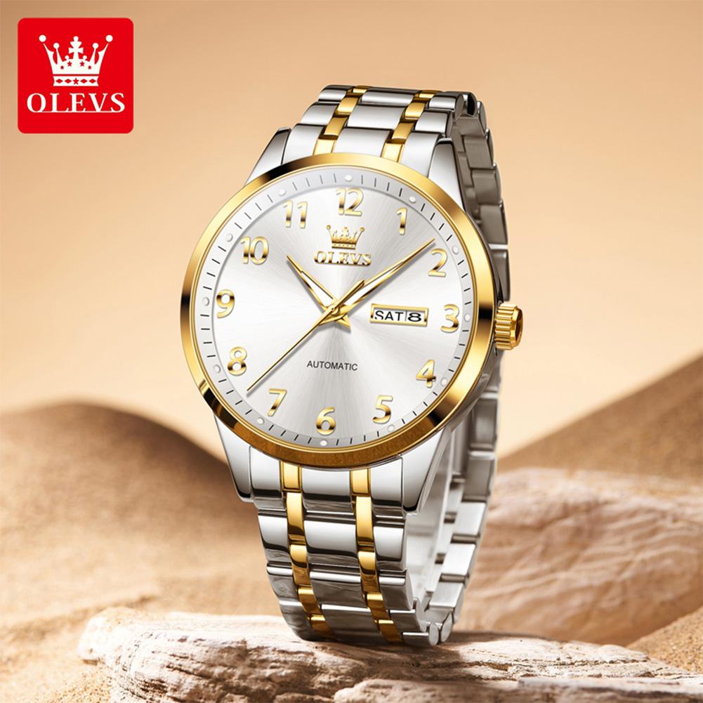 OLEVS 7078 Original Automatic Man Watch Digital Dial Stainless Steel Dual Calendar Waterproof Luminous Mechanical Men's Watches