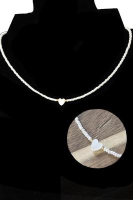 White Beaded Choker with Natural Freshwater Shell Heart Pendant