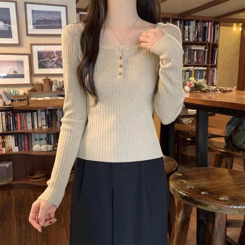 Женский трикотажный топ с длинным рукавом и низким вырезом в корейском стиле, осенне-зимний, стильный, облегающий, базовый слой, элегантная верхняя одежда