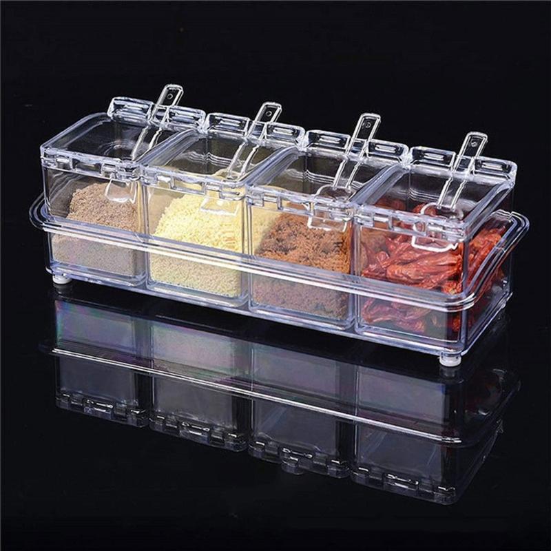 Convenient Seasoning Container 4 Compartment Condiment Storage Box Transparent Spices Container Organization Tool
