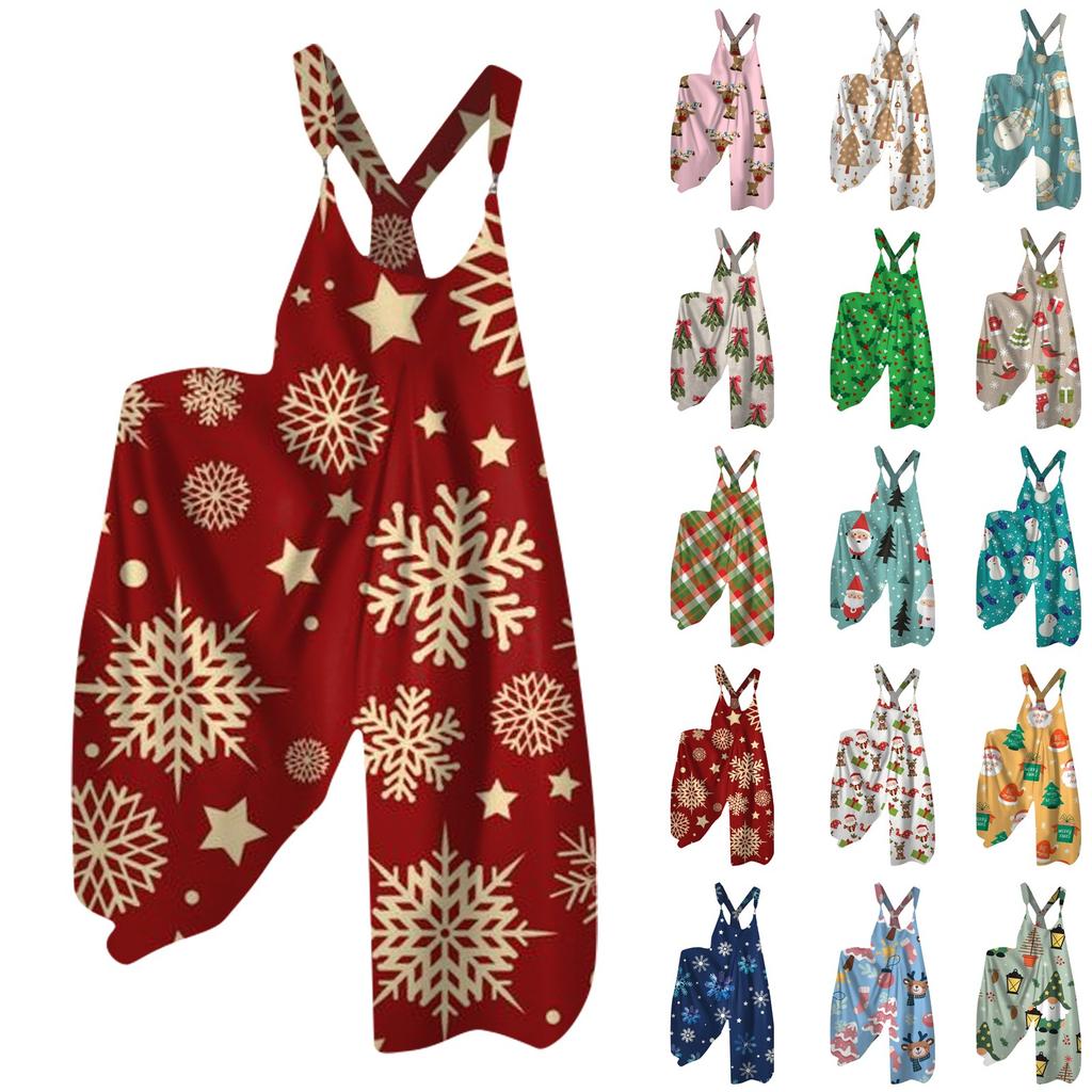 Women's Summer Bib Pants Christmas Printed Vintage Jumpsuit (Non-Adjustable Straps)