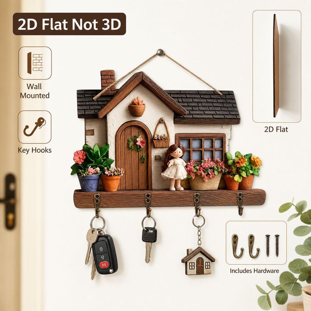2D Flat House Key Holder Wood Decorative Key Hanger Gifts Wall Key Rack Home Wall Decor