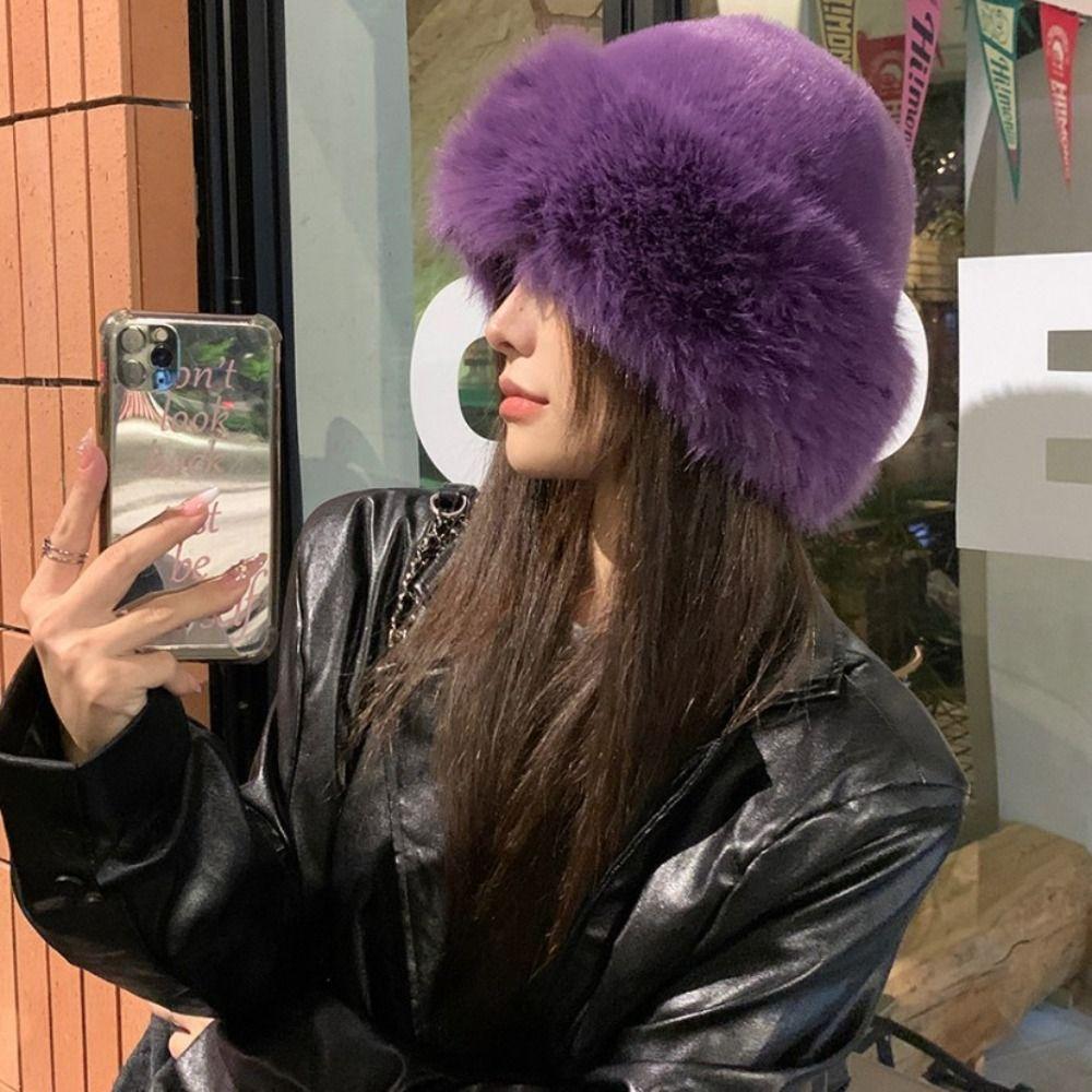 Korean Luxury Plush Hat Thicken Winter Fluffy Hats Fashion Faux Fur Bucket Hat Lady