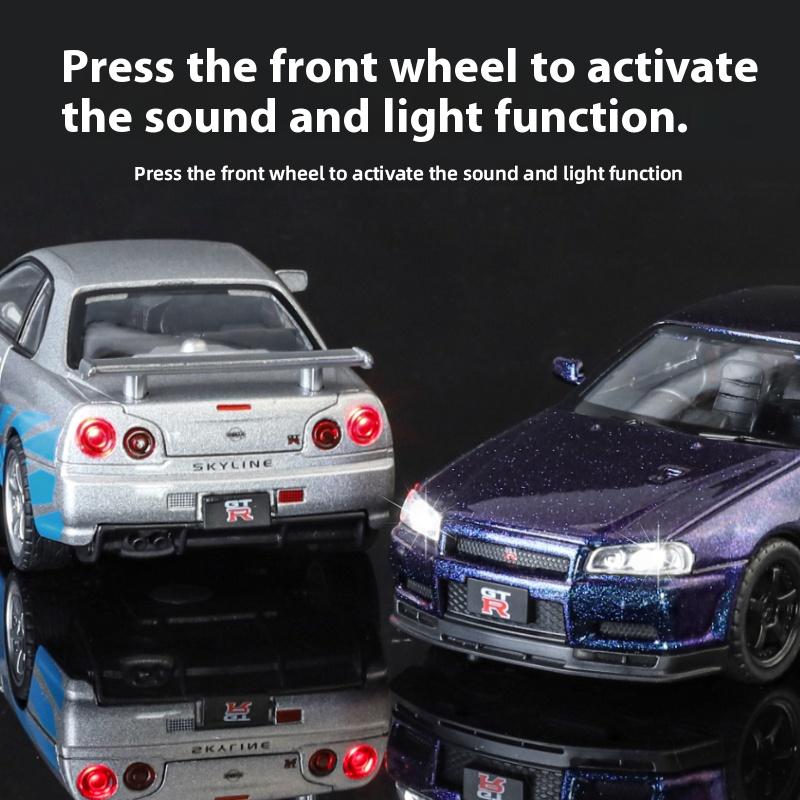 1/32 Nissan GTR R34 Skyline Суперкар Сплав Металл Литье под давлением Модель Автомобиля Звук и Свет Праздничный Подарок Парню Коллекция Хобби Украшения