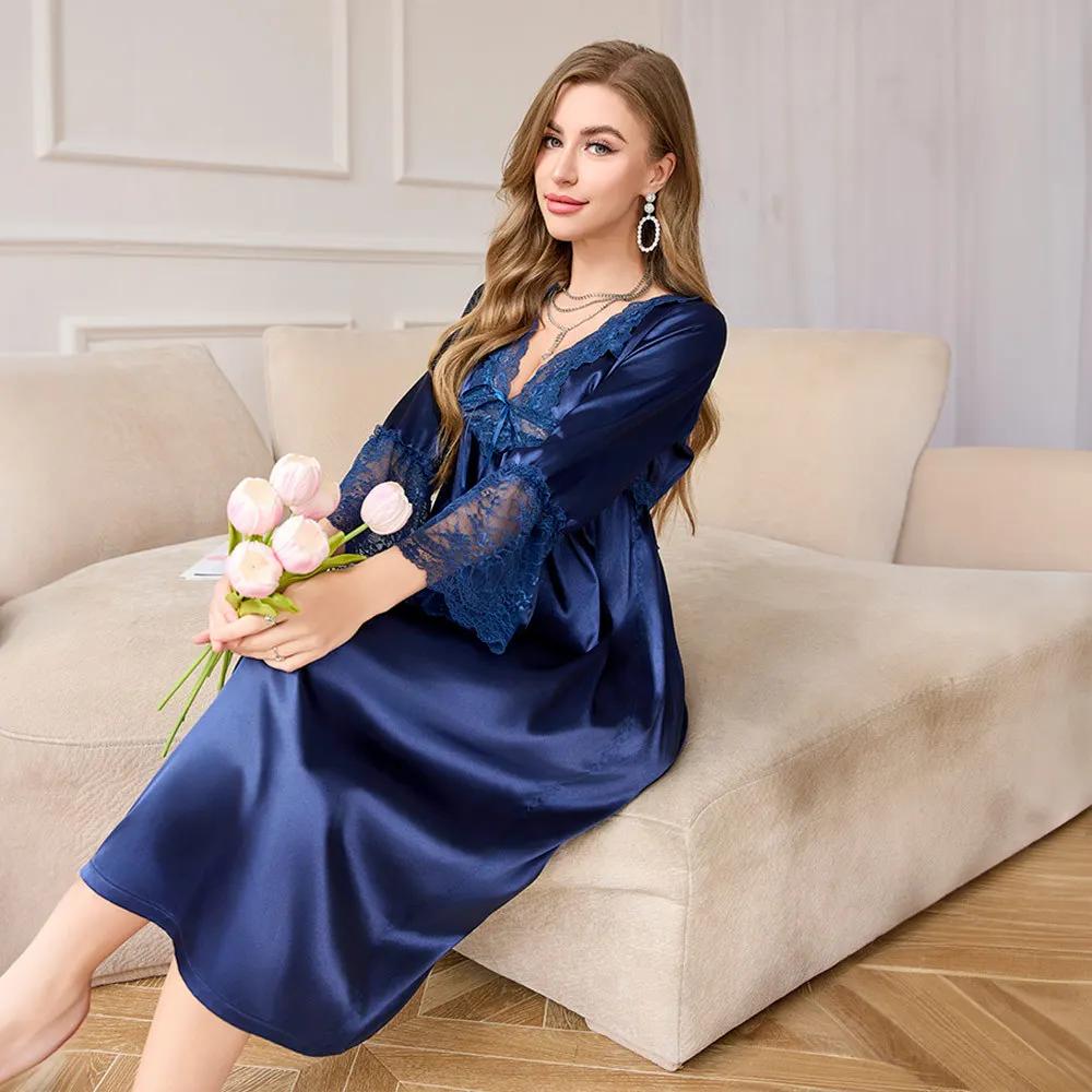 Female Long Sleepdress Nightgown Silky Satin Home Clothing Nightdress Elegant French Court Style Nightwear Loose Lounge Wear
