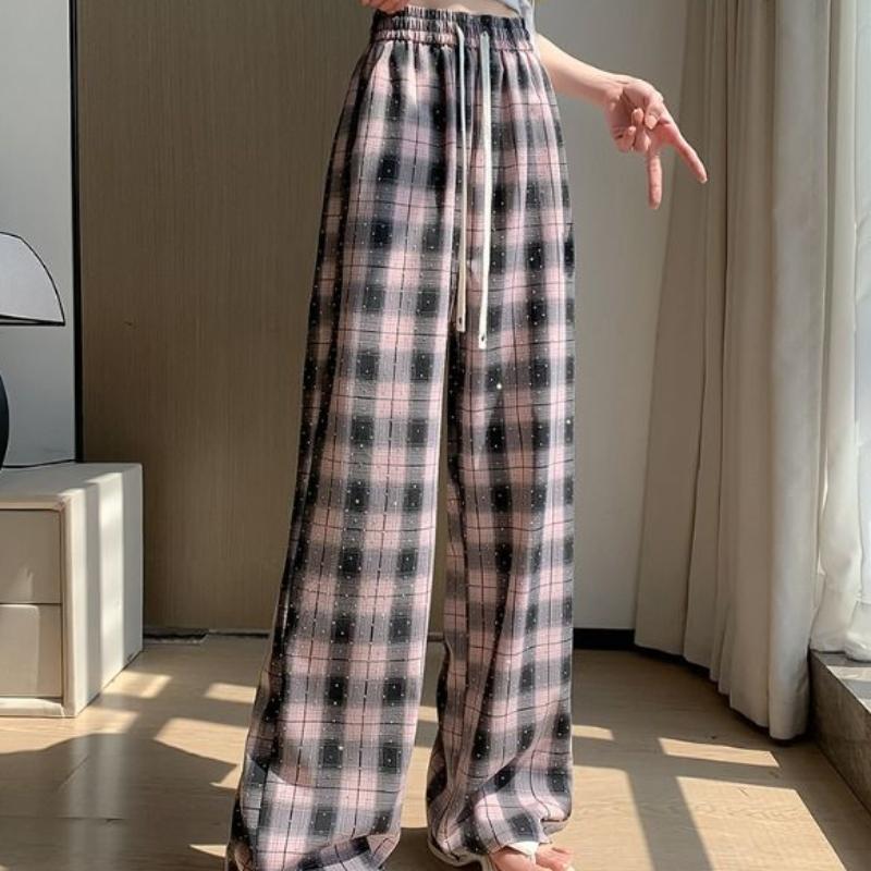 Большие размеры Винтажные клетчатые брюки со стразами Широкие брюки для женщин Летние тонкие брюки с высокой талией и завязками Прямые повседневные брюки