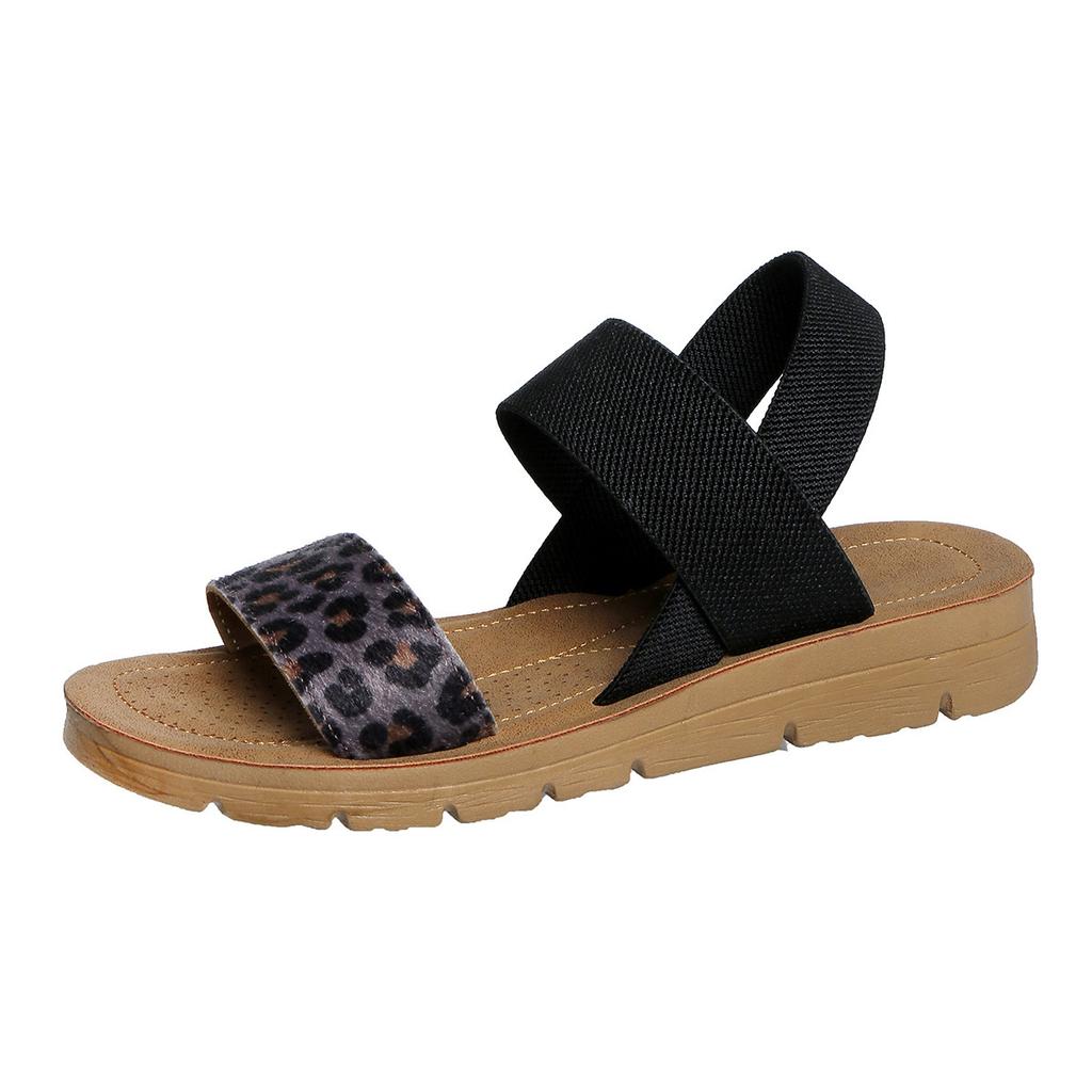 2025 summer new fish mouth leopard print flat bottom one pedal elastic band light and comfortable casual fashion sandals women's batch