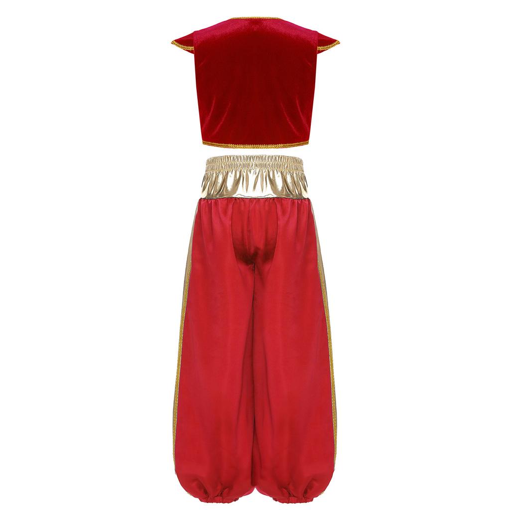 Boys Arabian Prince Costume Set Cap Sleeve Braided Vest Metallic Shiny Patchwork Contrast Color Bloom Pants