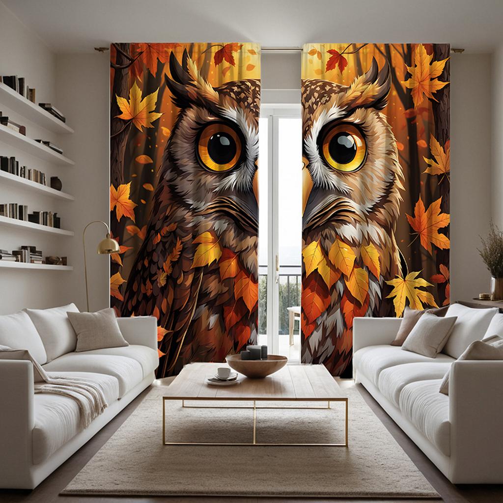 2pcs Set HD Maple Owl Decorative Curtain Yellow Tie Digital Printed Curtain Home Decoration Style Decoration Living Room Bedr