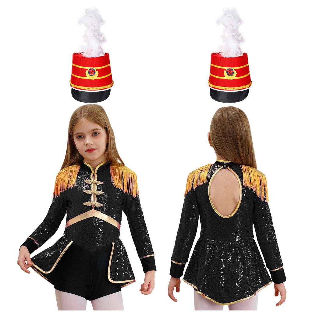 Girls Circus Drummer Costume Long Sleeve Sequined Bodysuit Fringe Epaulet Shoulder Mini Top Hat Accessory
