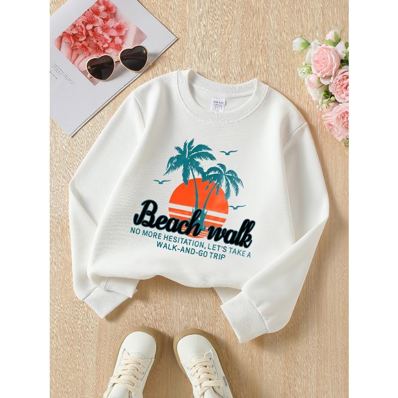 Girls' Fashionable Cute Crewneck Sweatshirt | Beach Walk Sunset Palm Trees Seagulls Adventure Long-sleeved