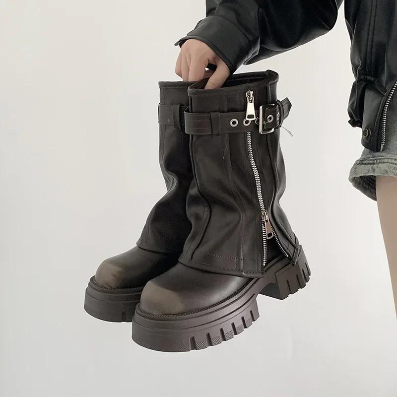 Winter Women Biker Boots Fashion Belt Buckle Ladies Elegant Platform Long Pipe Booties Casual Women's Knee High Booties2024