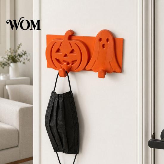 Adhesive Wall Hook No Drill Pumpkin Ghost Key Hook, 3D Printed Halloween Decor, Orange Self Holder, Hanging Door And Tile