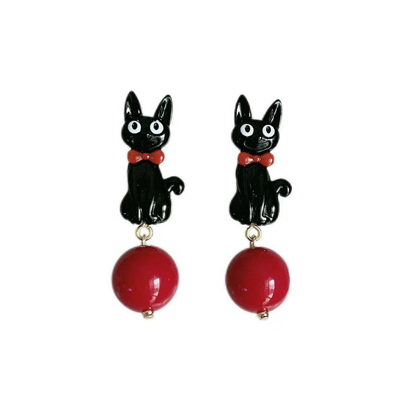 Sweet Cool Cartoon Black Cat Earrings Fashionable Women Personality Temperament Red Pearl Pendant Earrings Simple High-End