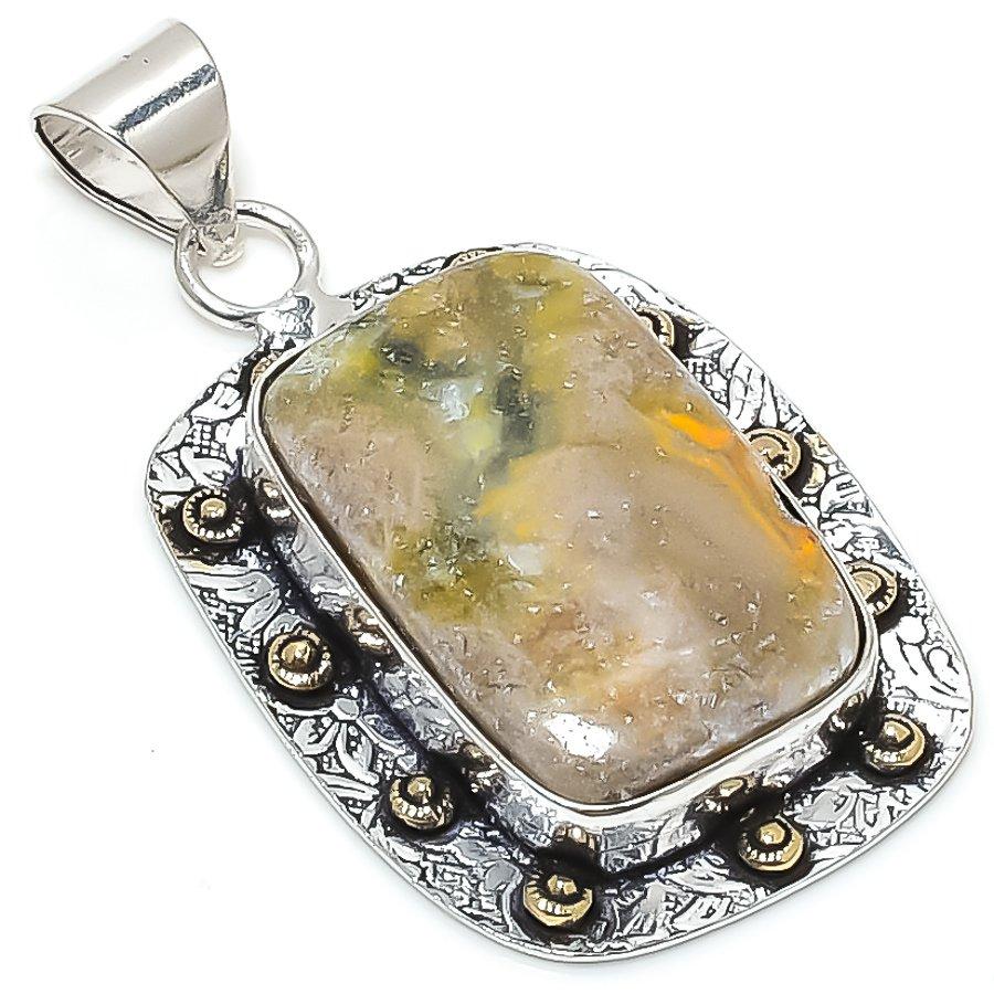 Bumble Bee Jasper 925 Sterling Silver Gift Two Tone Pendant 2.09" D0z75