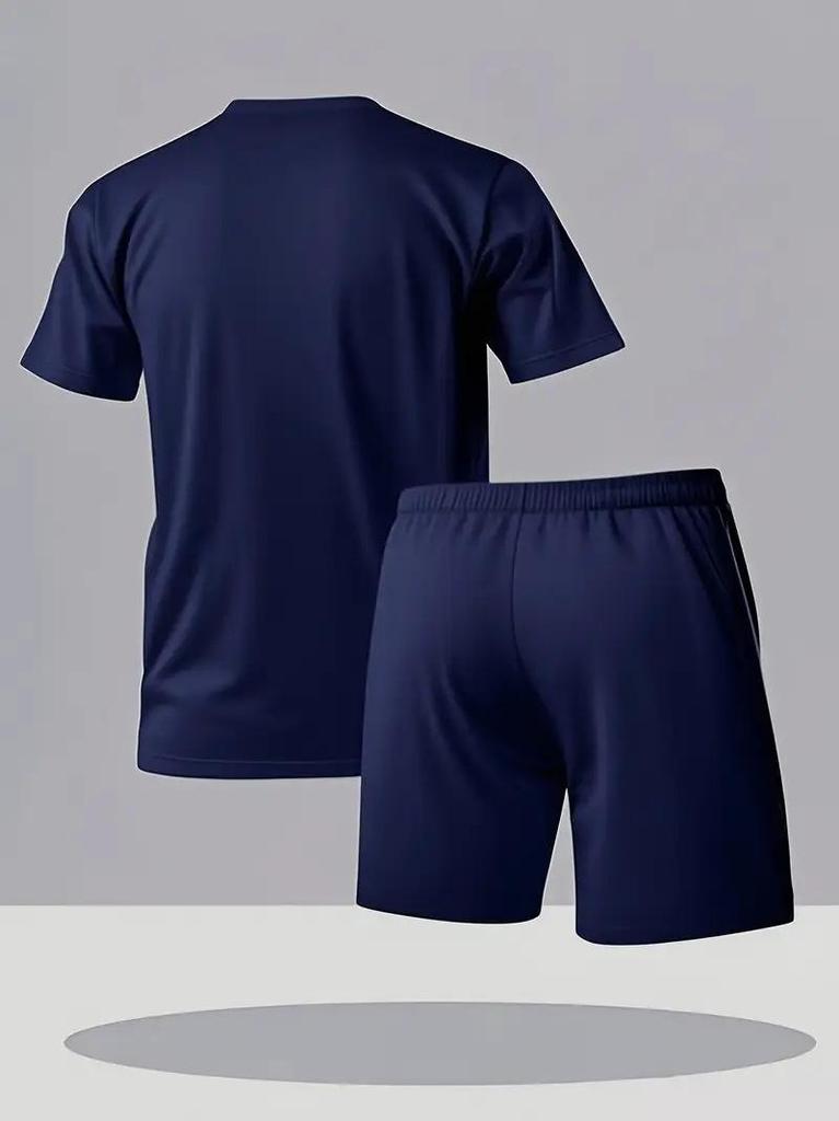 Men's Plus Size Summer Fitness T-shirt & Shorts Set - Round Neck, Casual Sportswear