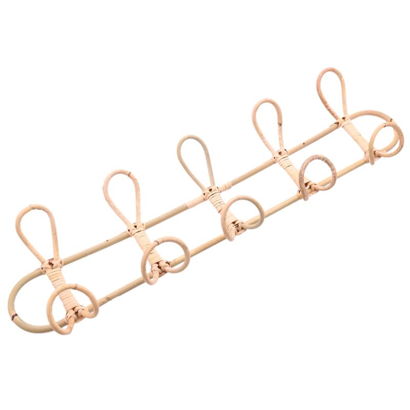 Rattan Wall Hooks 5 Hooks Kids Garments Organizer Rack Clothes Hat Hanging Hook Rattan Hanger Kids Room Decor Hanger