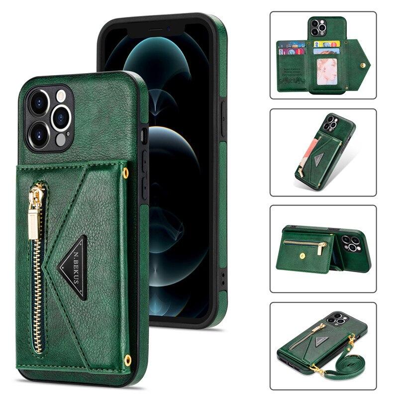 Lanyard Zipper Wallet Phone Case For iPhone 17 Pro Max 16 Plus 15 14 13 12 11 X XS XR 8 Samsung S25 Ultra S24 FE S22 S21 S20 Leather Purse Card Cover