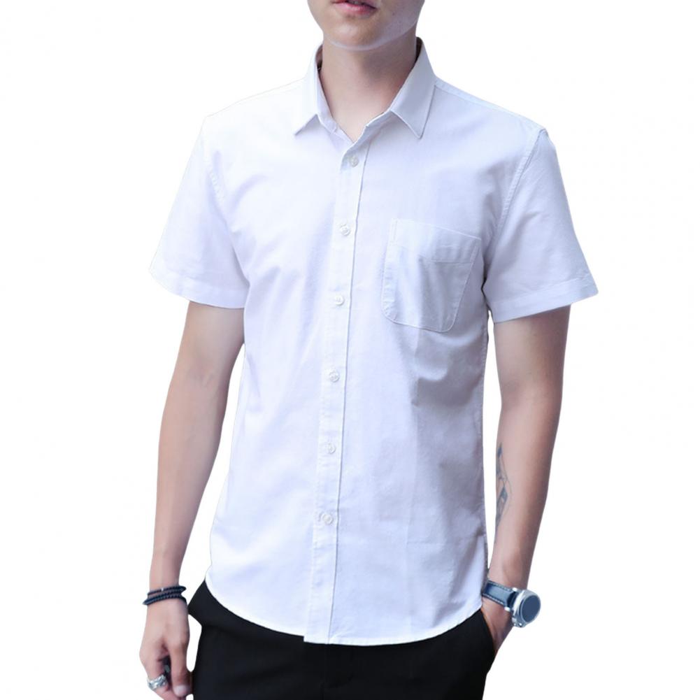 Summer Spring Men Shirt Turn-down Collar Single-breasted Loose Plus Size Solid Color Short Sleeves Street Formal Business Style