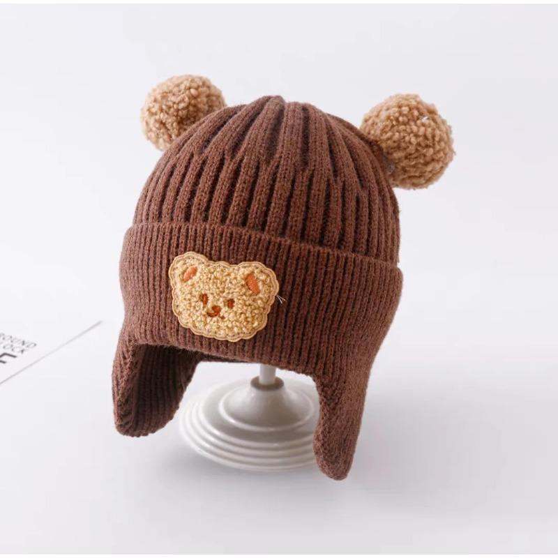 Winter Baby Beanie Hat With Earflap Fur Ball Winter Woolen Knitted Hats For Kids Outdoor Warm Girls Boys Ear Protection Cap