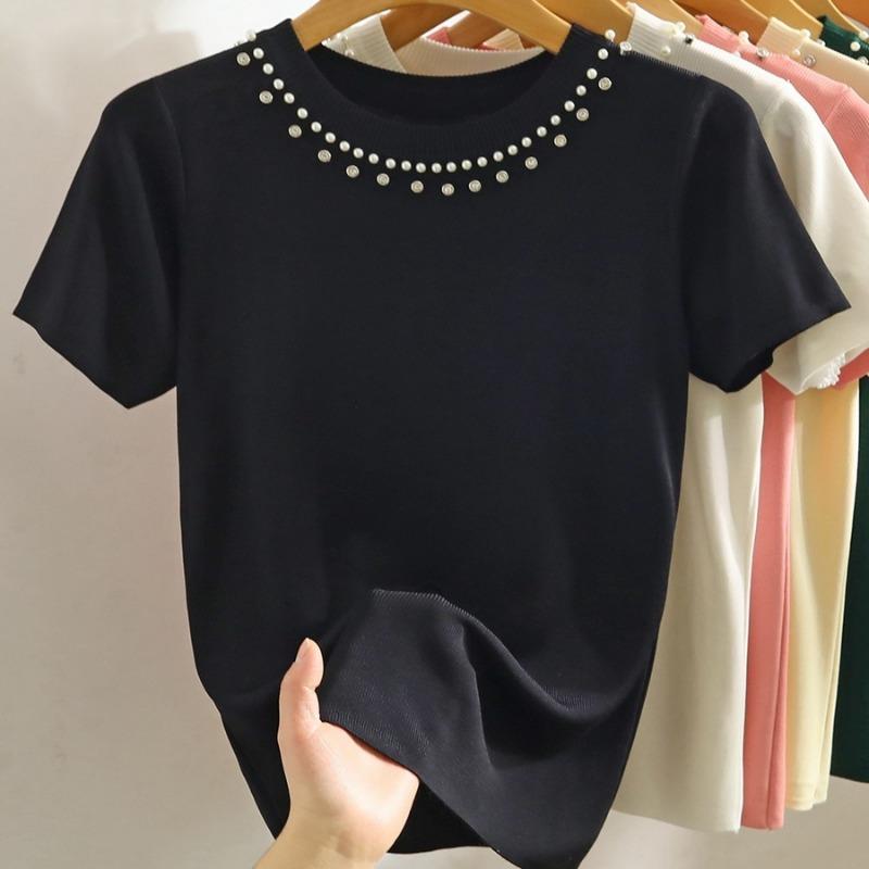 Women's Summer Short Sleeve Knitted T-shirt New Fashion O Neck Beaded Knit Elegant Short Top Female Casual Simple Solid Color Ladies Tshirt 3112
