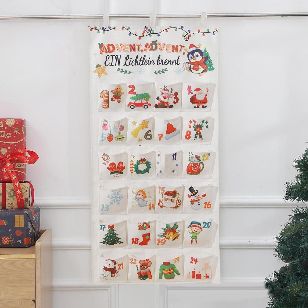 2025 Wall Hanging Christmas Advent Calendar 24Days Christmas Countdown Calendar with 24 Pockets for Xmas Holiday Home Wall Decor